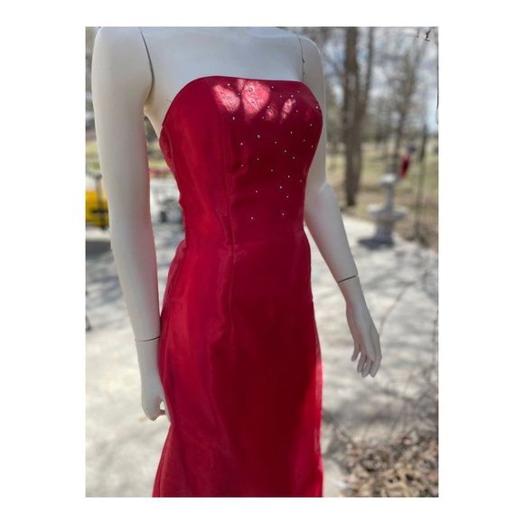 Vintage 90s Jessica McClintock for Gunne Sax Strapless Formal Maxi Dress Red Bea - Picture 6 of 16